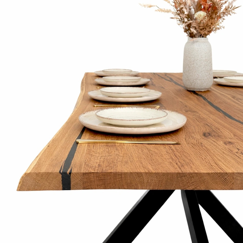 Stół z litego dębu premium z żywicą epoksydową – model rustykalny dla 10 osób – 220x100x4 cm