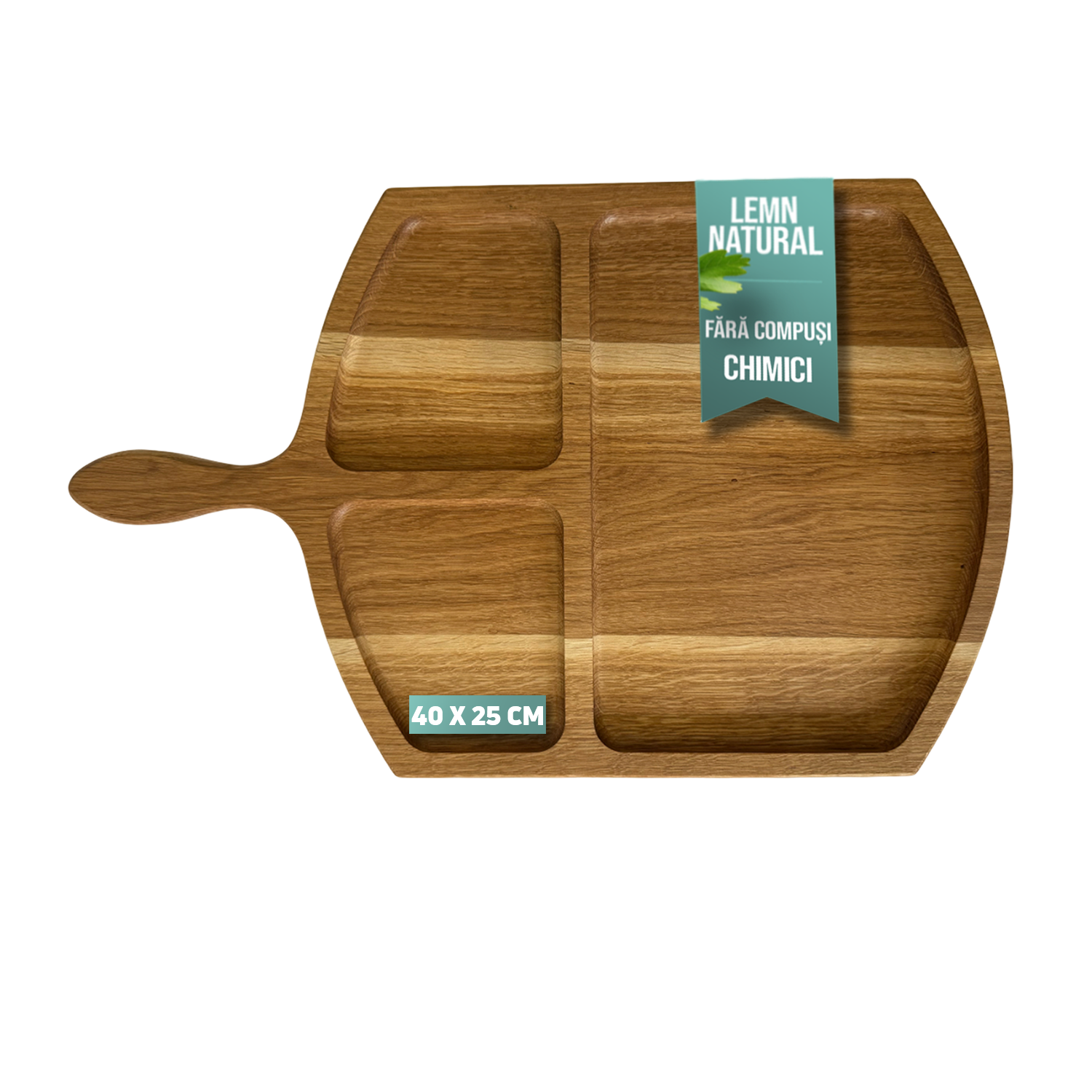 Suport Servire Gratar din Lemn de Stejar cu 3 Compartimente si Maner