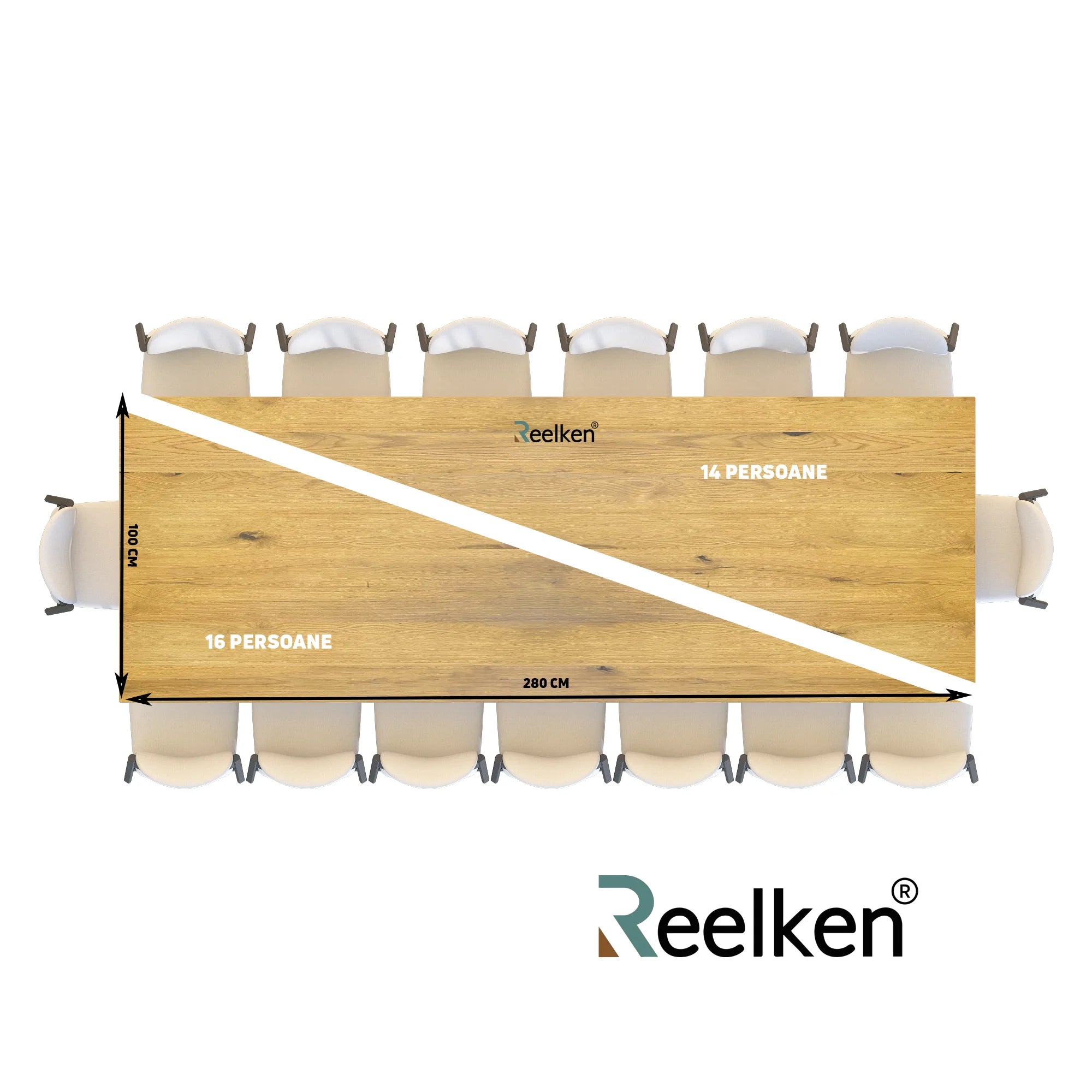 Stół drewniany z litego dębu 280×100 cm – Klasyczny stół do jadalni dla 14 osób | Reelken