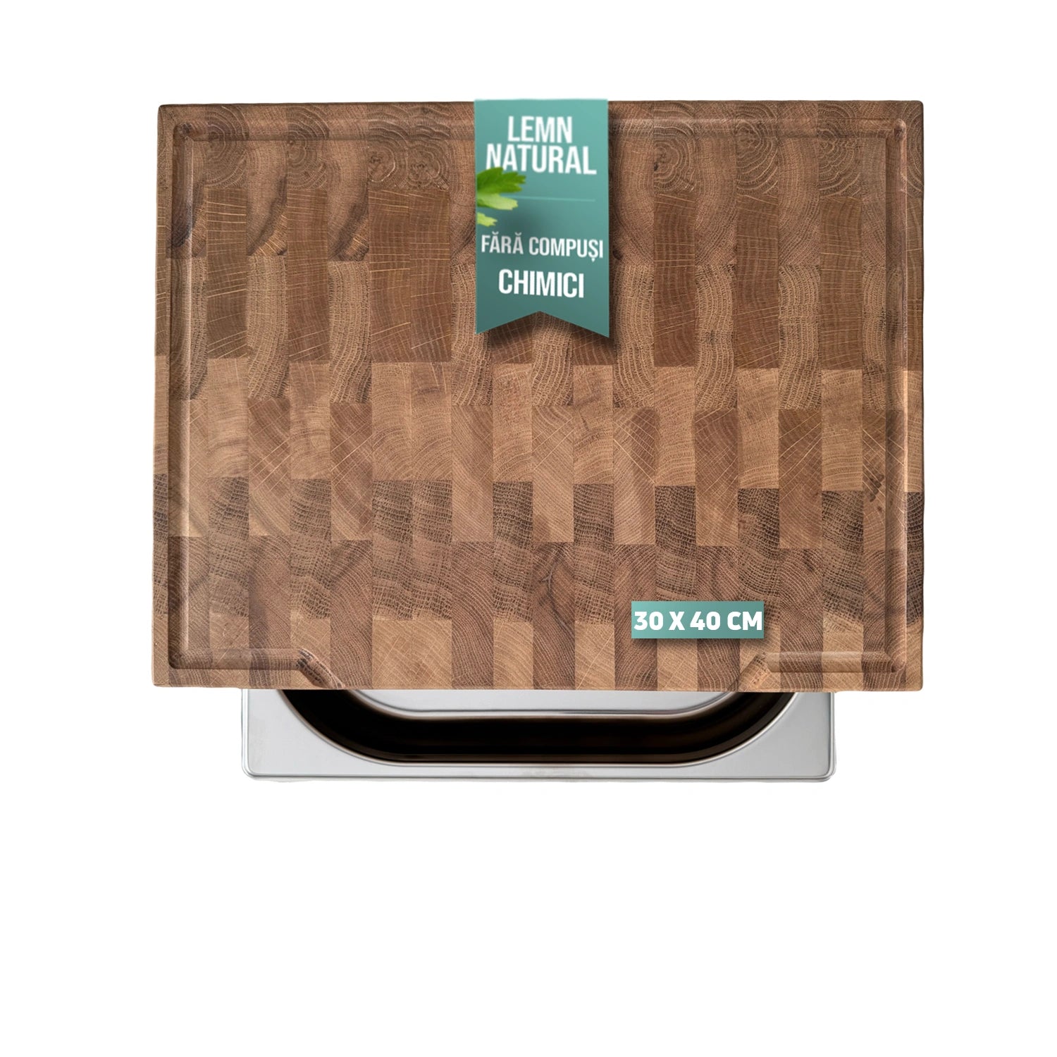 Tocator din lemn de stejar cu tava gastro din inox