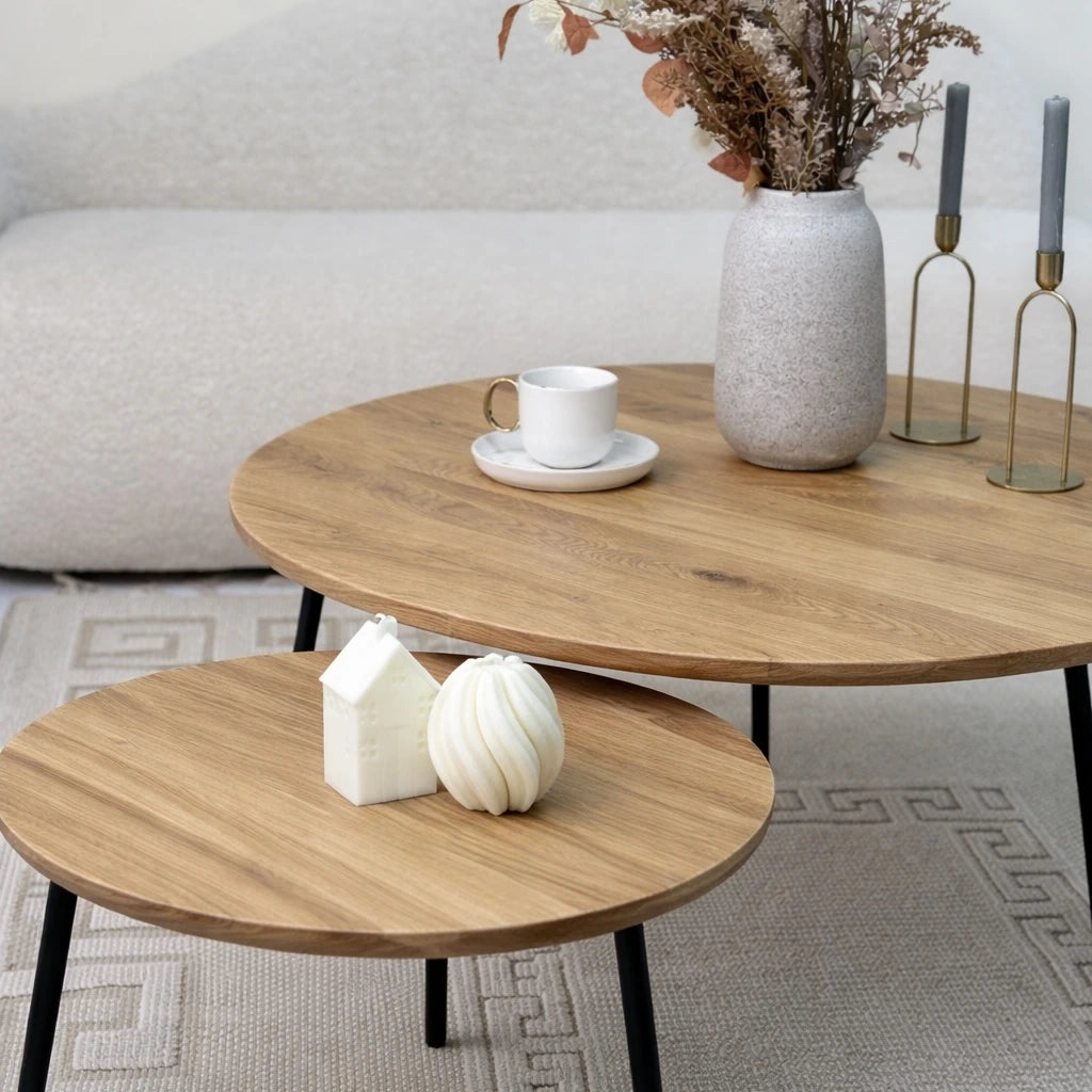 Zestaw 2 okrągłych stolików kawowych z litego drewna dębowego 50 cm i 90 cm – nowoczesny design