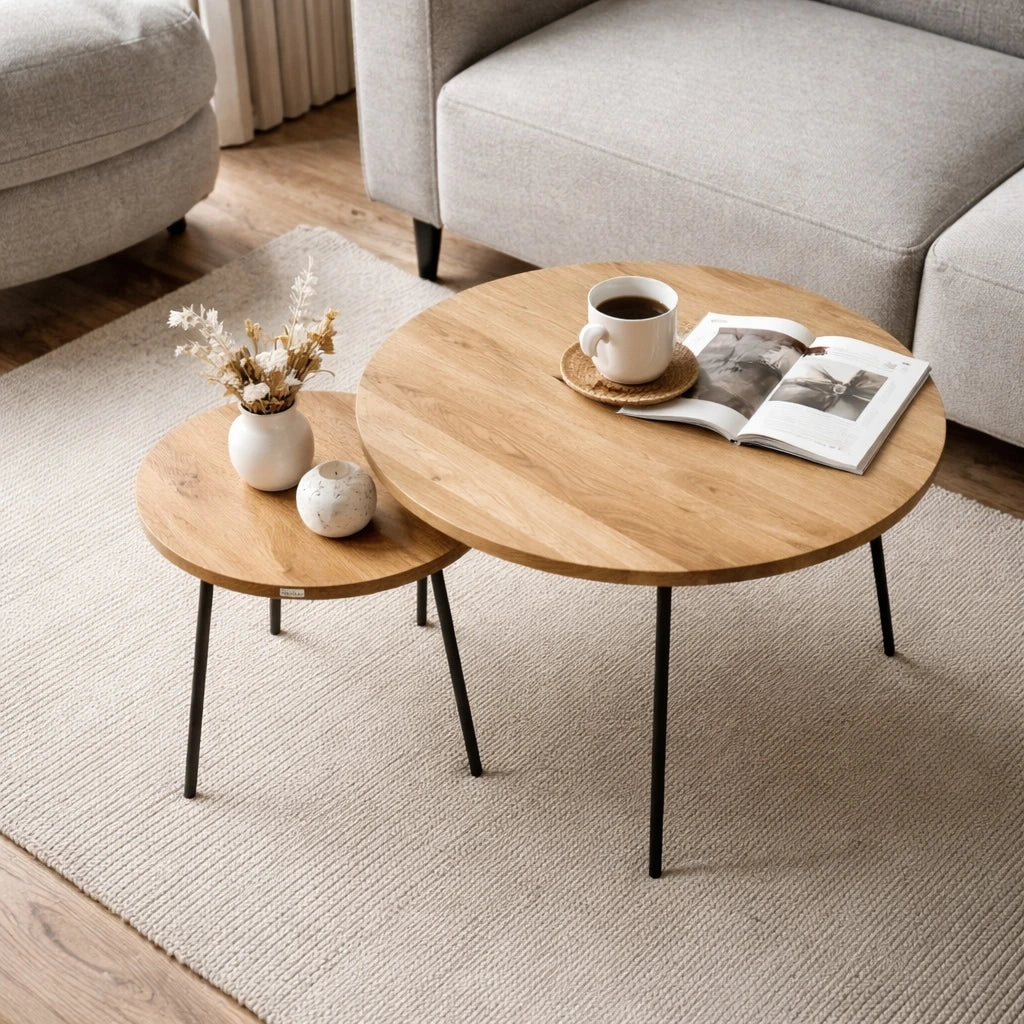 Zestaw 2 okrągłych stolików kawowych z litego drewna dębowego 50 cm i 90 cm – nowoczesny design