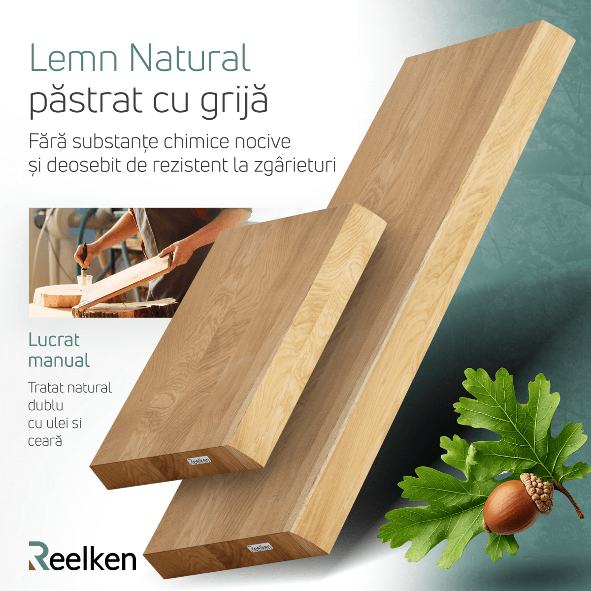 Etajera lemn masiv, din Stejar - margini naturale 60x22x4 cm - Reelken