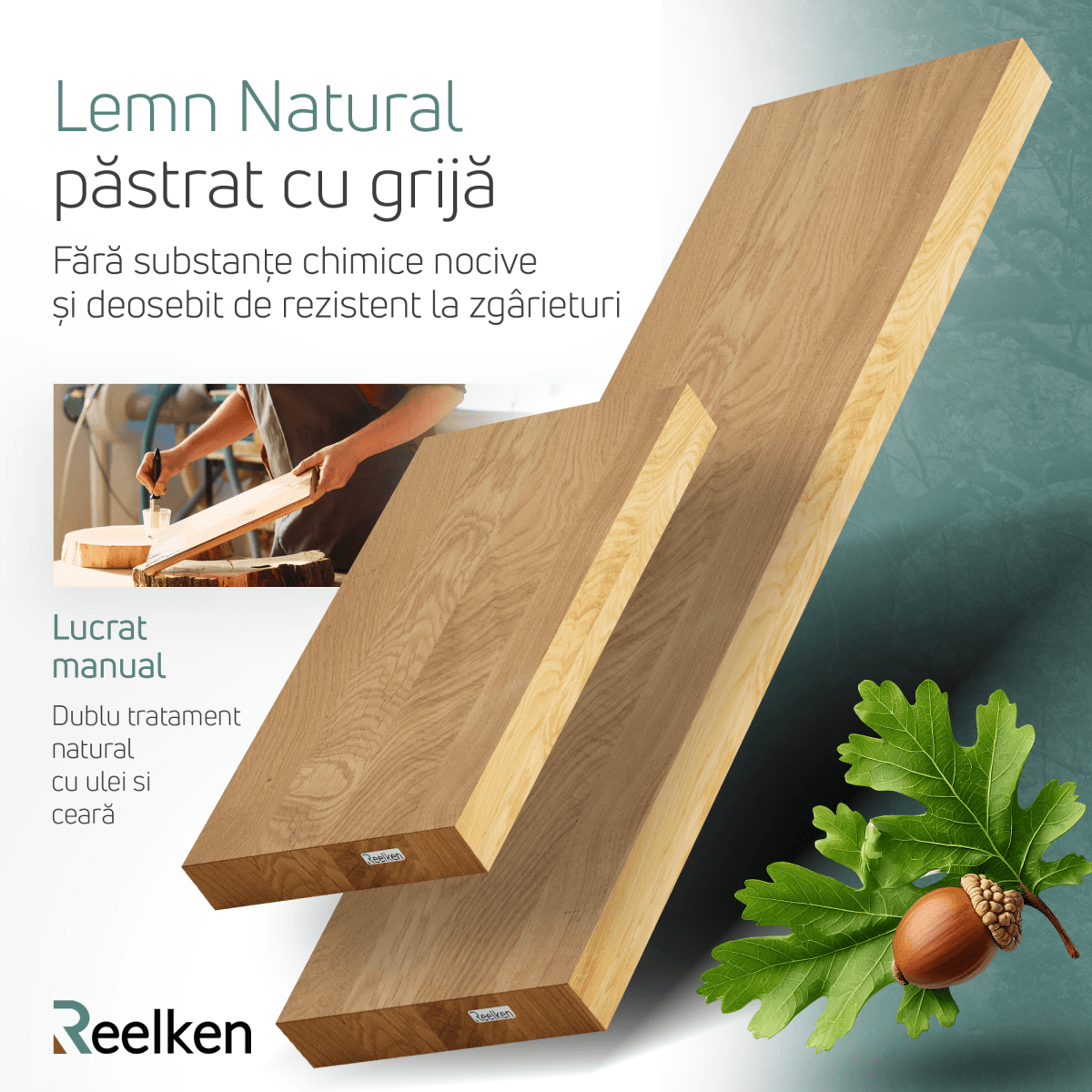 Etajera lucrata manual lemn masiv, din Stejar - margini drepte 120x22x4 cm - Reelken