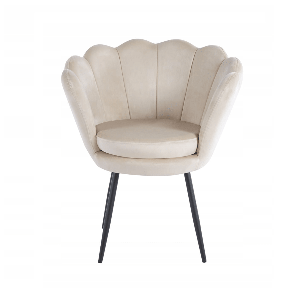 Fotoliu tapitat tip scoica din catifea bej, design modern Glamour, picioare metalice negre, 78x78 cm - Reelken