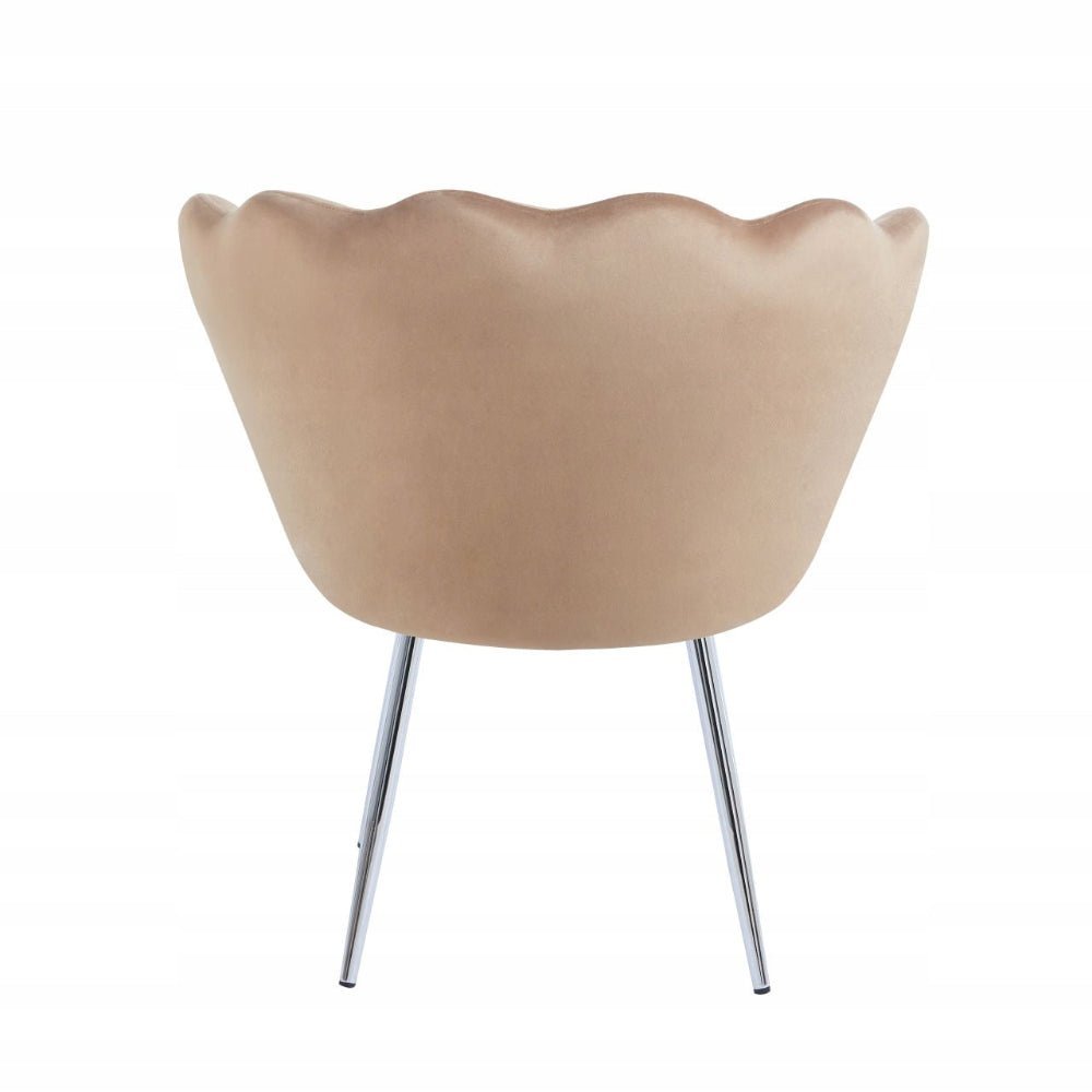 Fotoliu tapitat tip scoica din catifea cappucino, design modern Glamour, picioare metalice cromat - Reelken Polska
