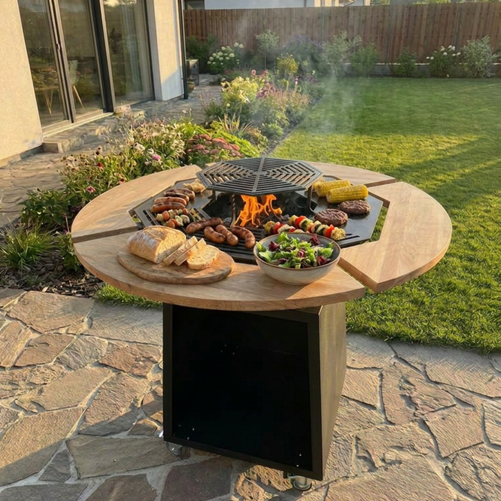 Grill ogrodowy z płytą stalową i blatem z litego dębu