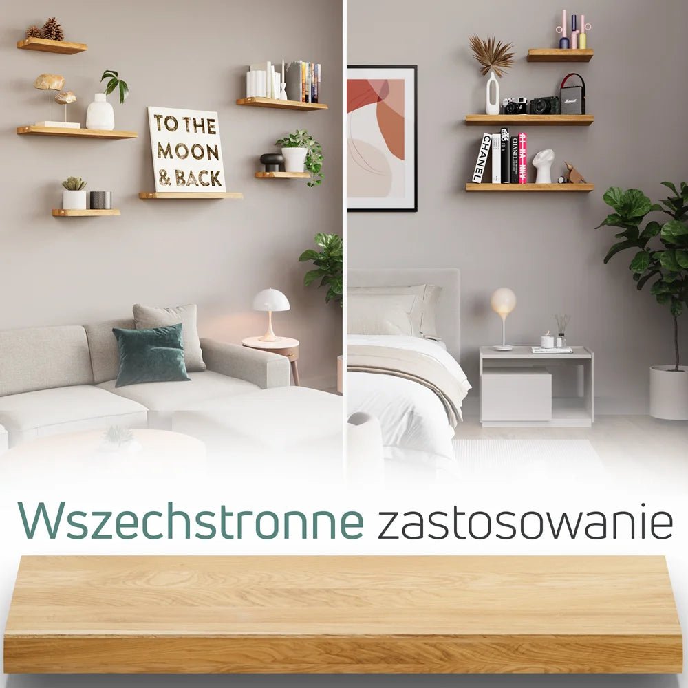 Półka ścienna z litego drewna dębowego – krawędzie naturalne 120×22×4 cm - Reelken Polska