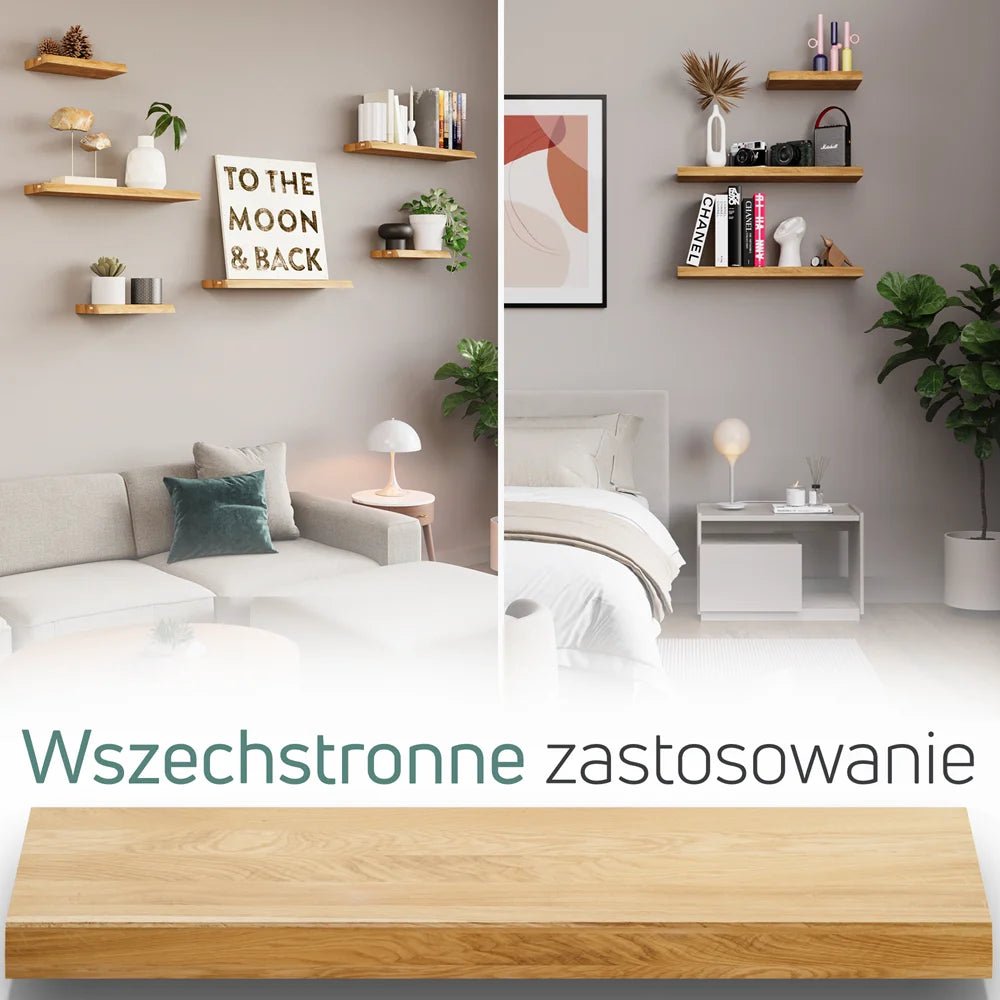 Półka ścienna z litego drewna dębowego – krawędzie naturalne 60×22×4 cm - Reelken Polska