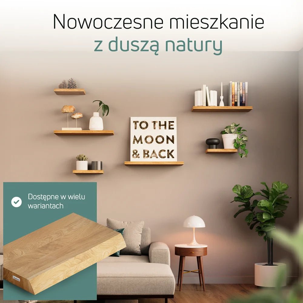 Półka ścienna z litego drewna dębowego – krawędzie naturalne 60×22×4 cm - Reelken Polska