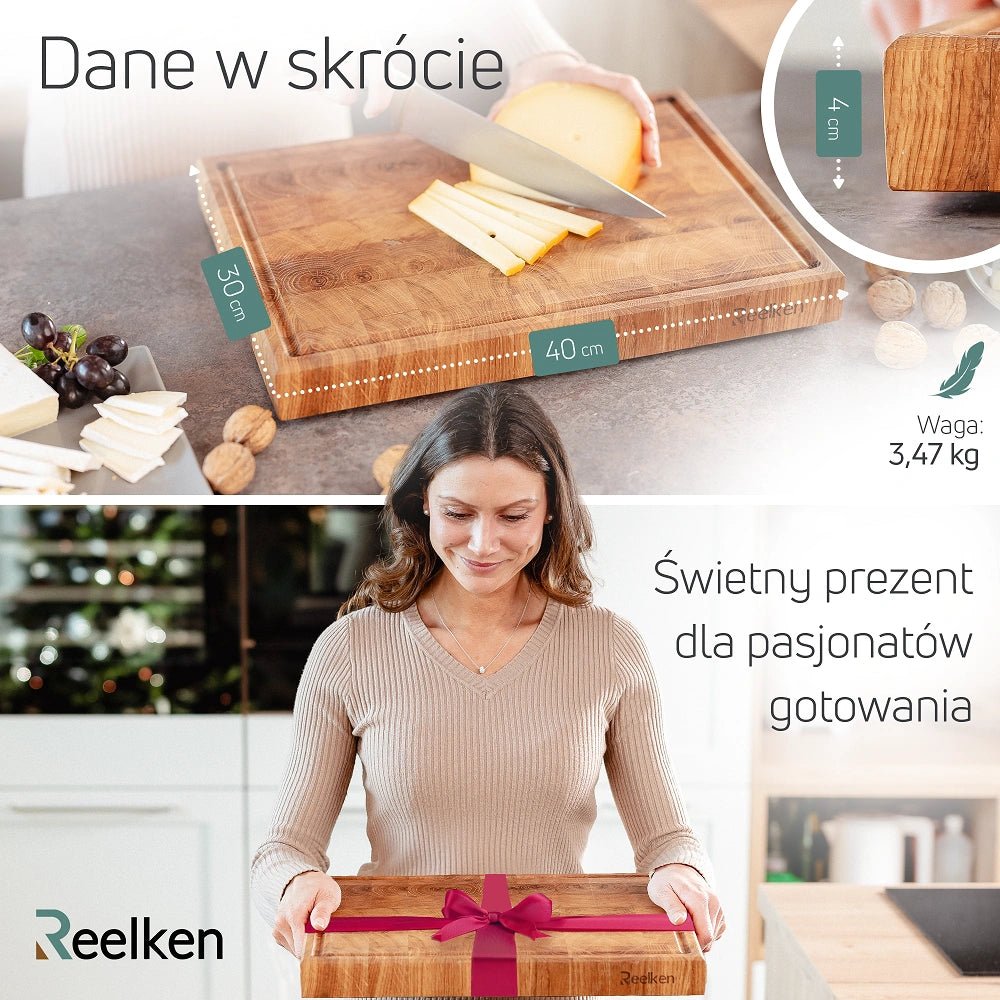 Profesjonalna dębowa deska do krojenia 30x40x4 cm - Reelken Polska