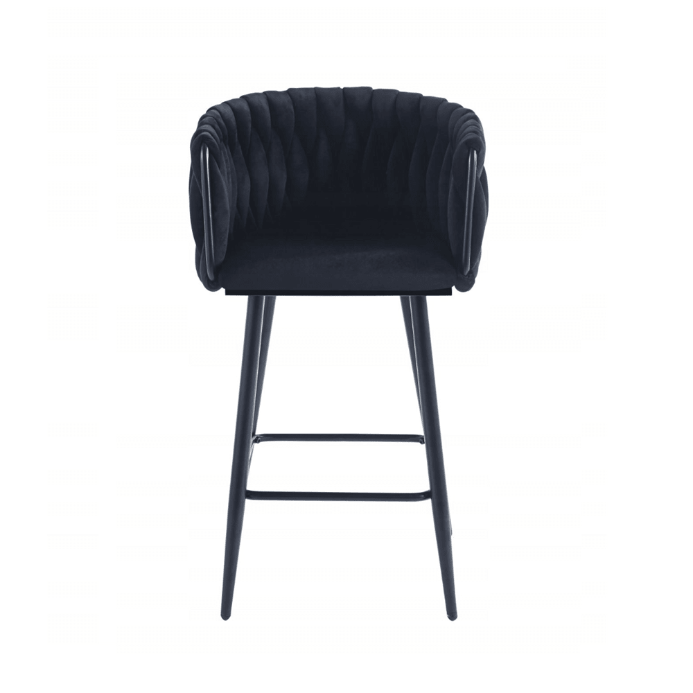 Scaun de bar (hoker), catifea/velur neagra, spatar impletit, cadru metalic negru, 64 cm - Reelken