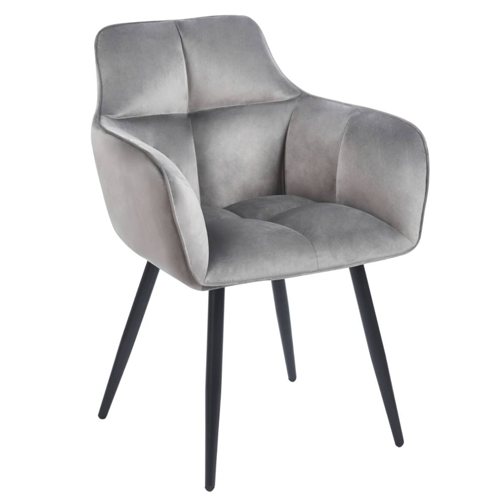 Scaun tapitat cu catifea, culoare gri, cu cotiere si spatar matlasat, stil modern/glamou, picioare metalice negre, 85 cm, - Reelken