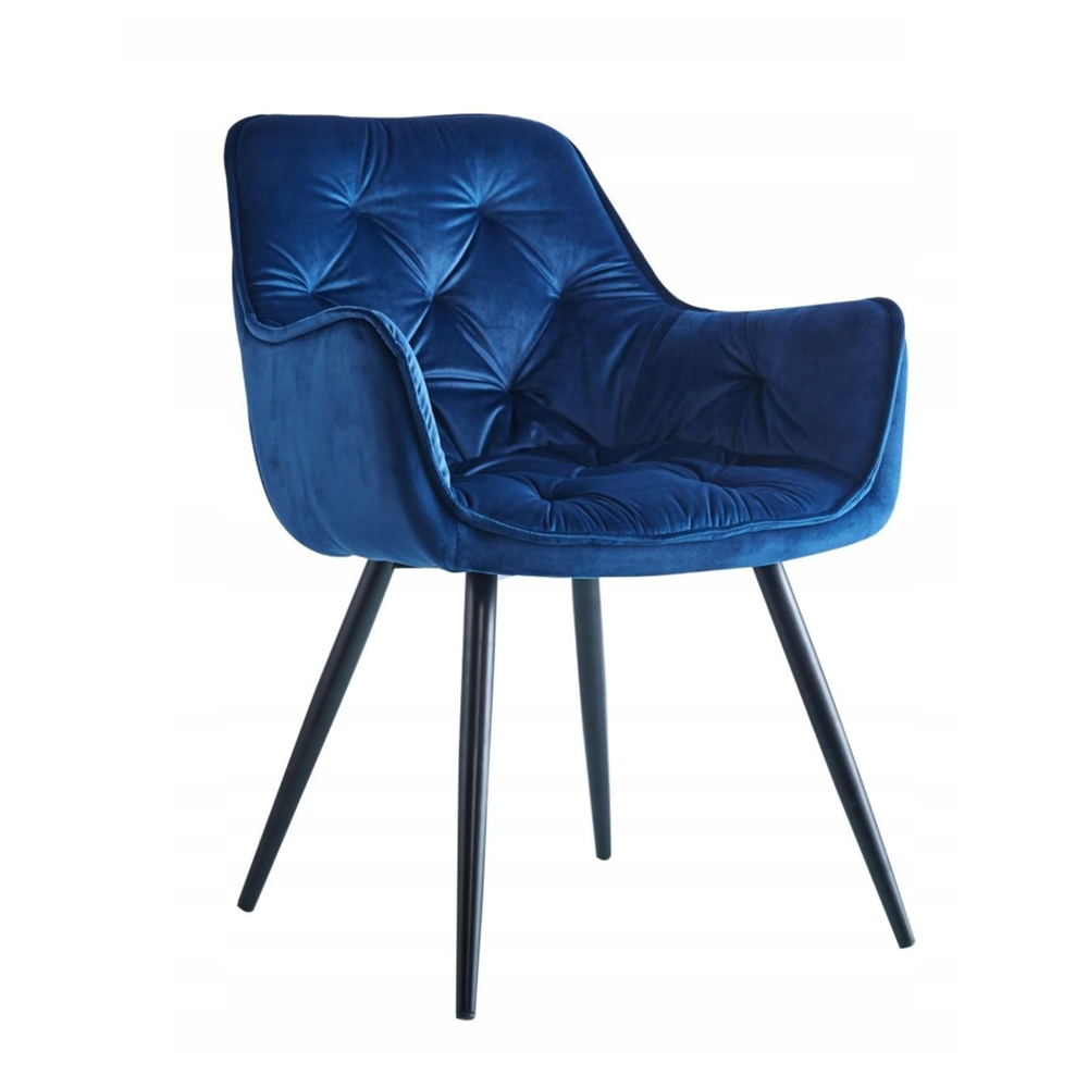 Krzesło pikowane Verona 83 cm – Niebieski welur, czarne nogi, loft