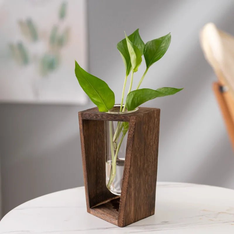 Vaza din sticla si lemn model nordic – design simplu si elegant pentru flori - Reelken