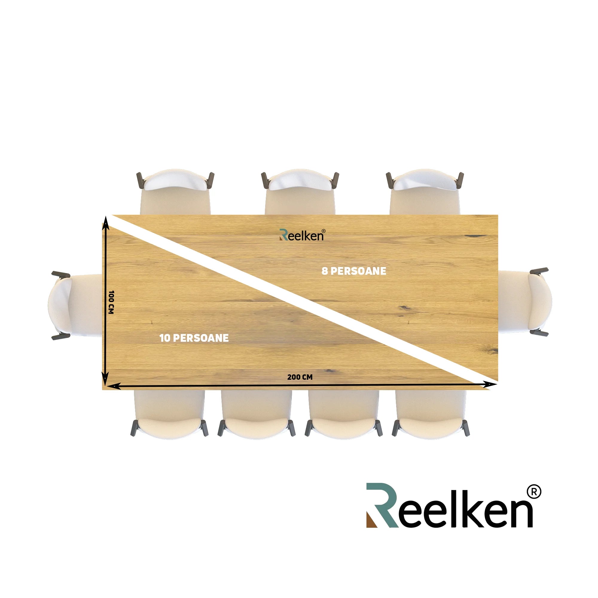 Blat drewniany z litego dębu – model rustykalny 200×100×4 cm (8 osób) | Reelken