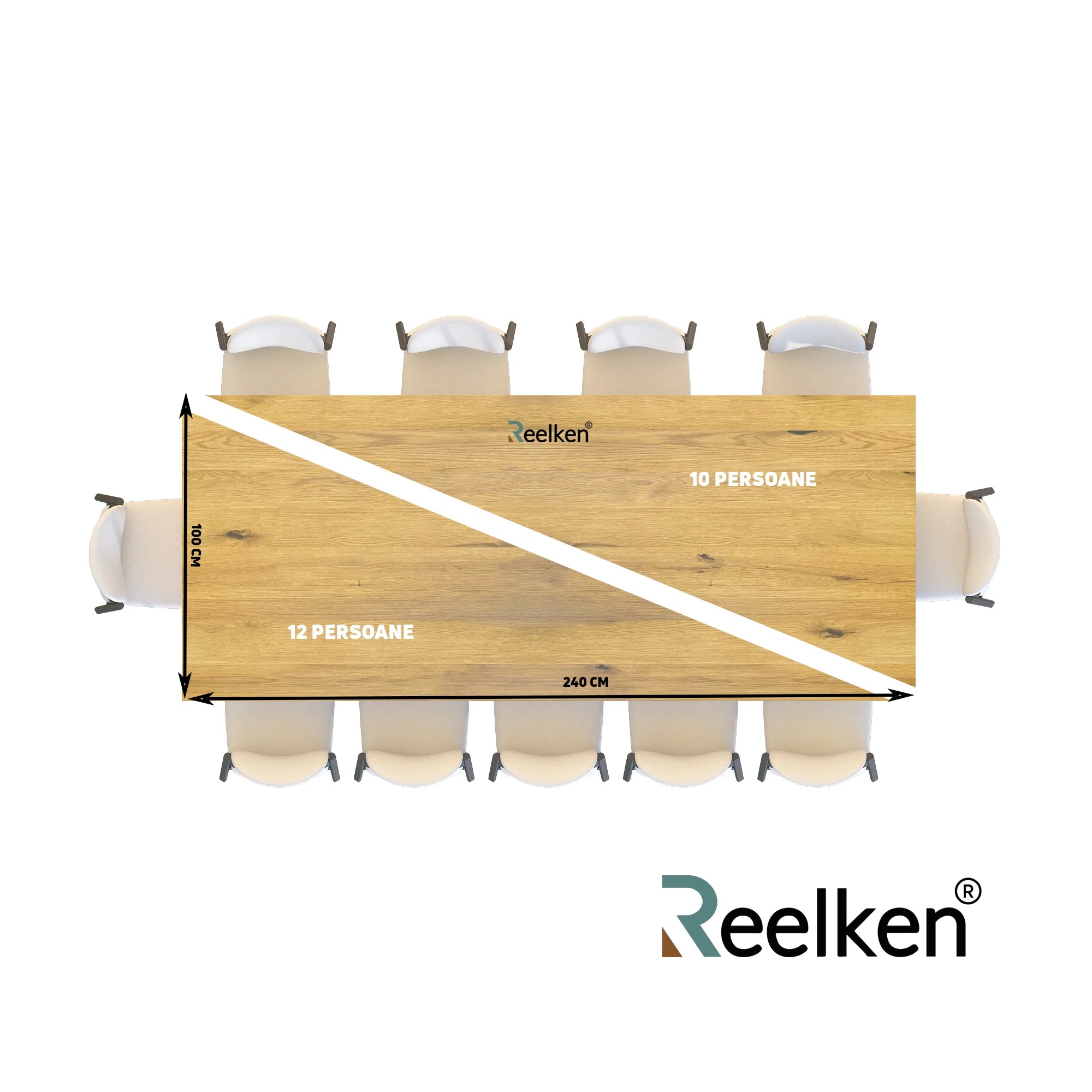 Blat drewniany z litego dębu – model klasyczny 240×100×4 cm (10 osób) | Reelken