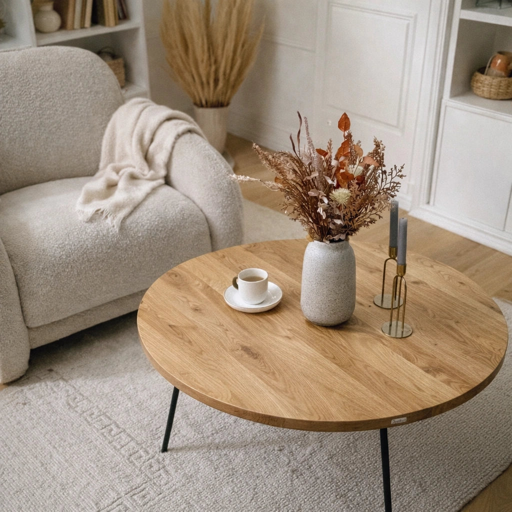 Okrągły stolik kawowy z litego dębu, średnica 90 cm – elegancki, przestronny, szybki montaż