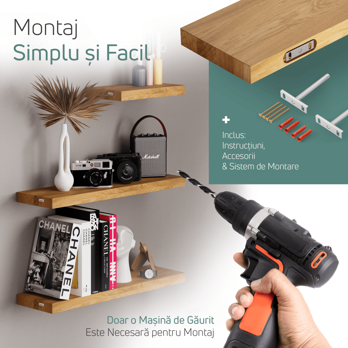 Etajera lucrata manual lemn masiv, din Stejar - margini drepte 120x22x4 cm - Reelken