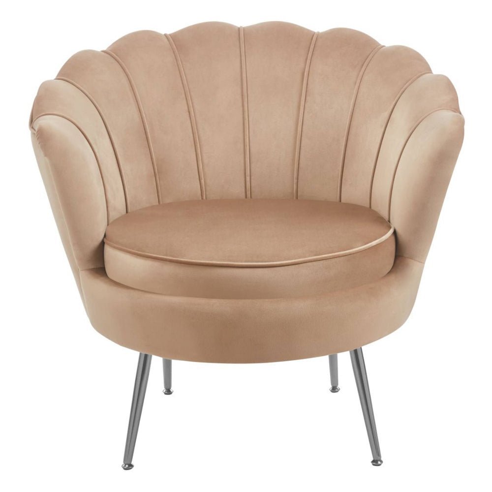 Fotel kubełkowy muszelka Malmo 78x78 cm – Welur cappuccino, srebrny chrom - Reelken Polska