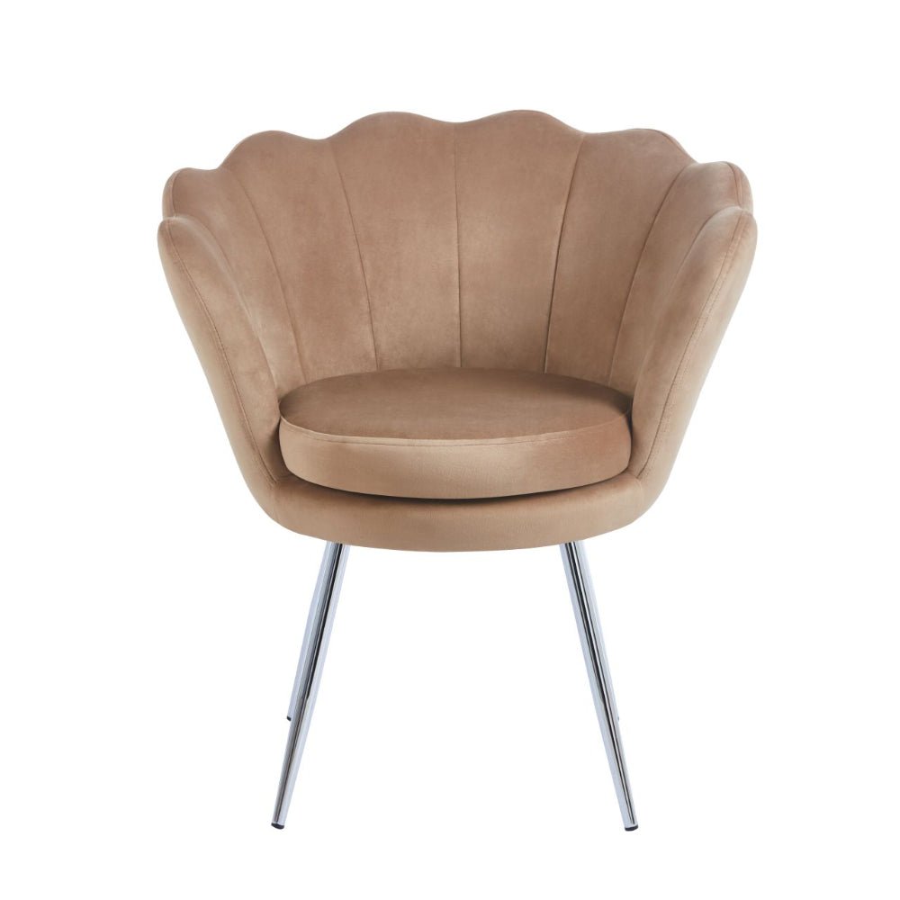 Fotoliu tapitat tip scoica din catifea cappucino, design modern Glamour, picioare metalice cromat - Reelken Polska