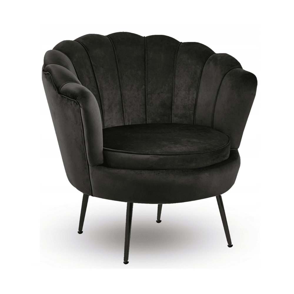 Fotoliu tapitat tip scoica din catifea negru, design modern Glamour, picioare metalice negre, 78x78 cm - Reelken