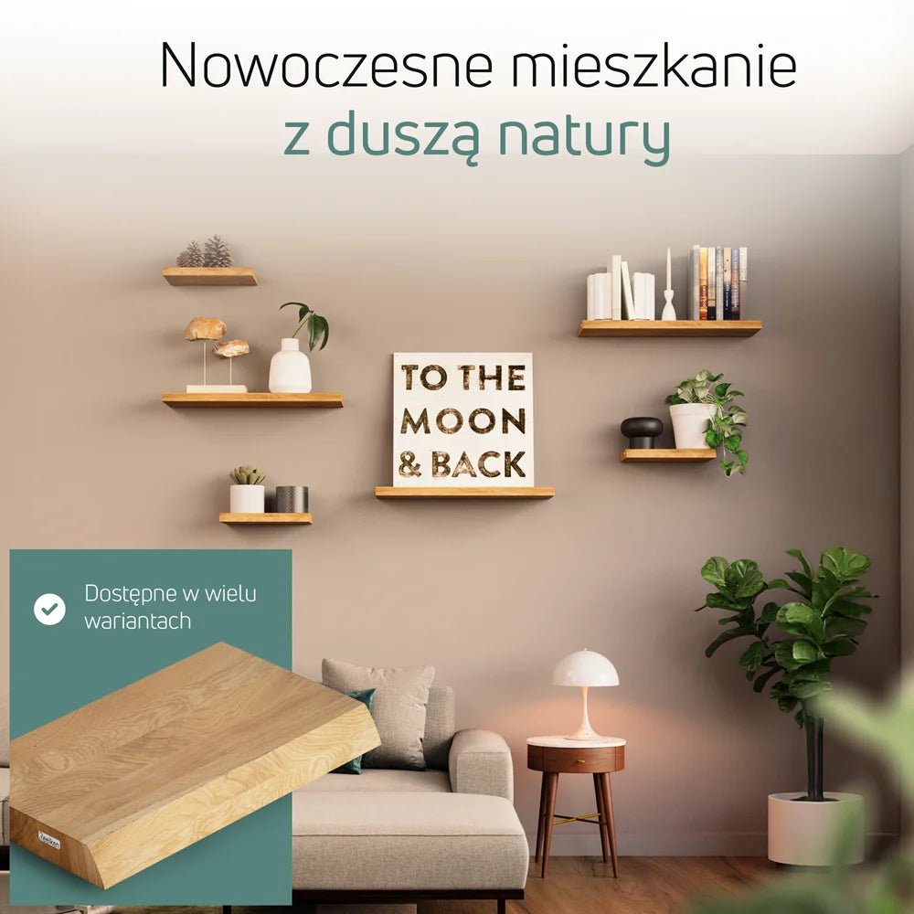 Półka ścienna z litego drewna dębowego – krawędzie naturalne 100×22×4 cm - Reelken Polska