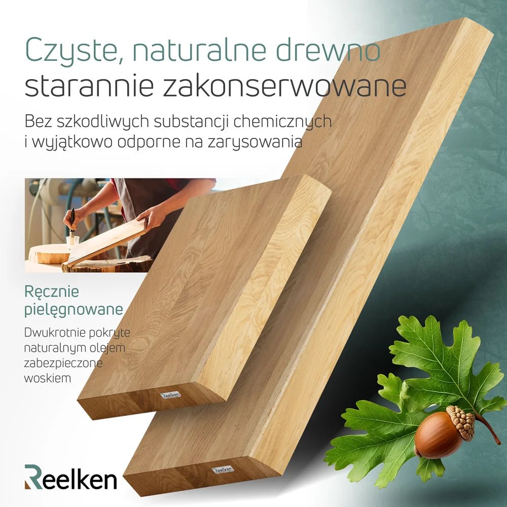 Półka ścienna z litego drewna dębowego – krawędzie naturalne 100×22×4 cm - Reelken Polska
