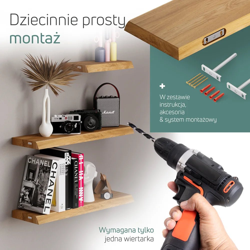 Półka ścienna z litego drewna dębowego – krawędzie naturalne 120×22×4 cm - Reelken Polska