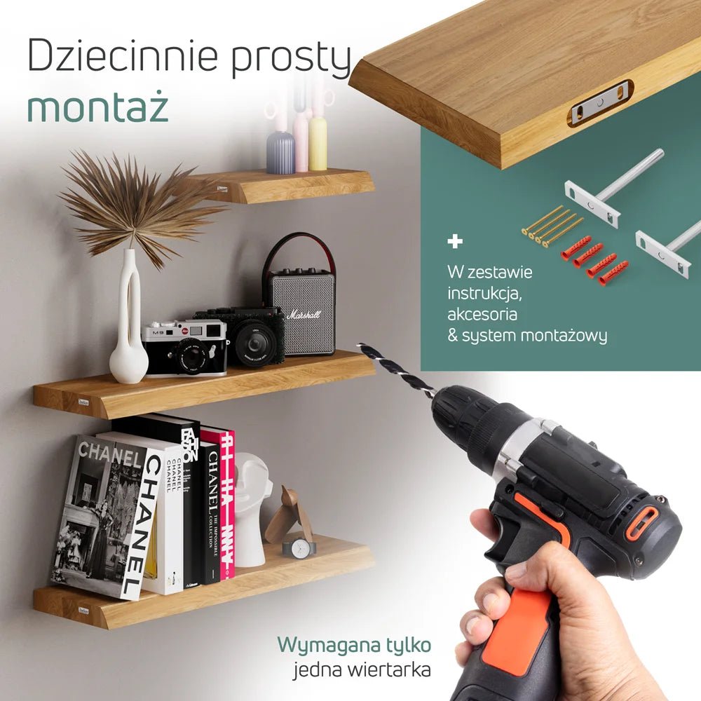 Półka ścienna z litego drewna dębowego – krawędzie naturalne 60×22×4 cm - Reelken Polska