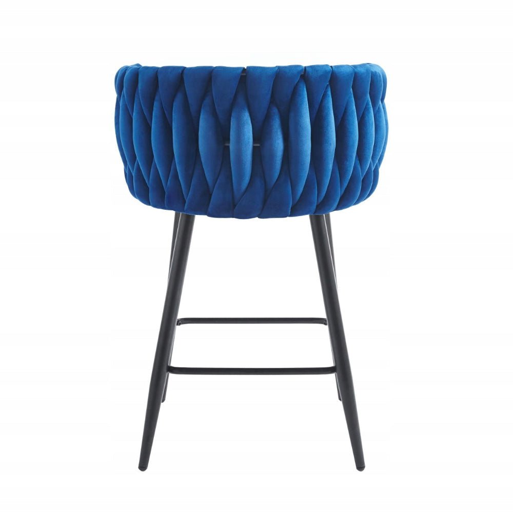 Scaun de bar (hoker), catifea/velur albastra, spatar impletit, cadru metalic negru, 64 cm - Reelken