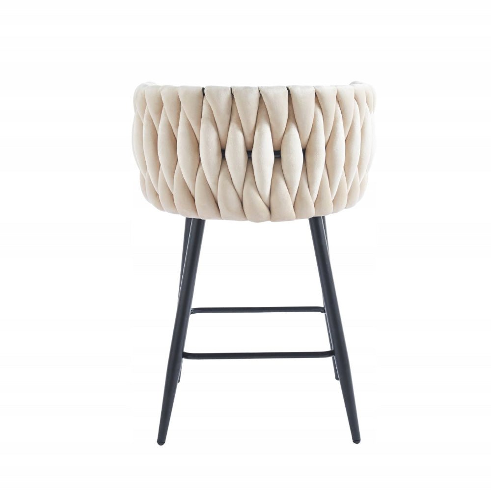 Scaun de bar (hoker), catifea/velur bej deschis, spatar impletit, cadru metalic negru, 64 cm - Reelken
