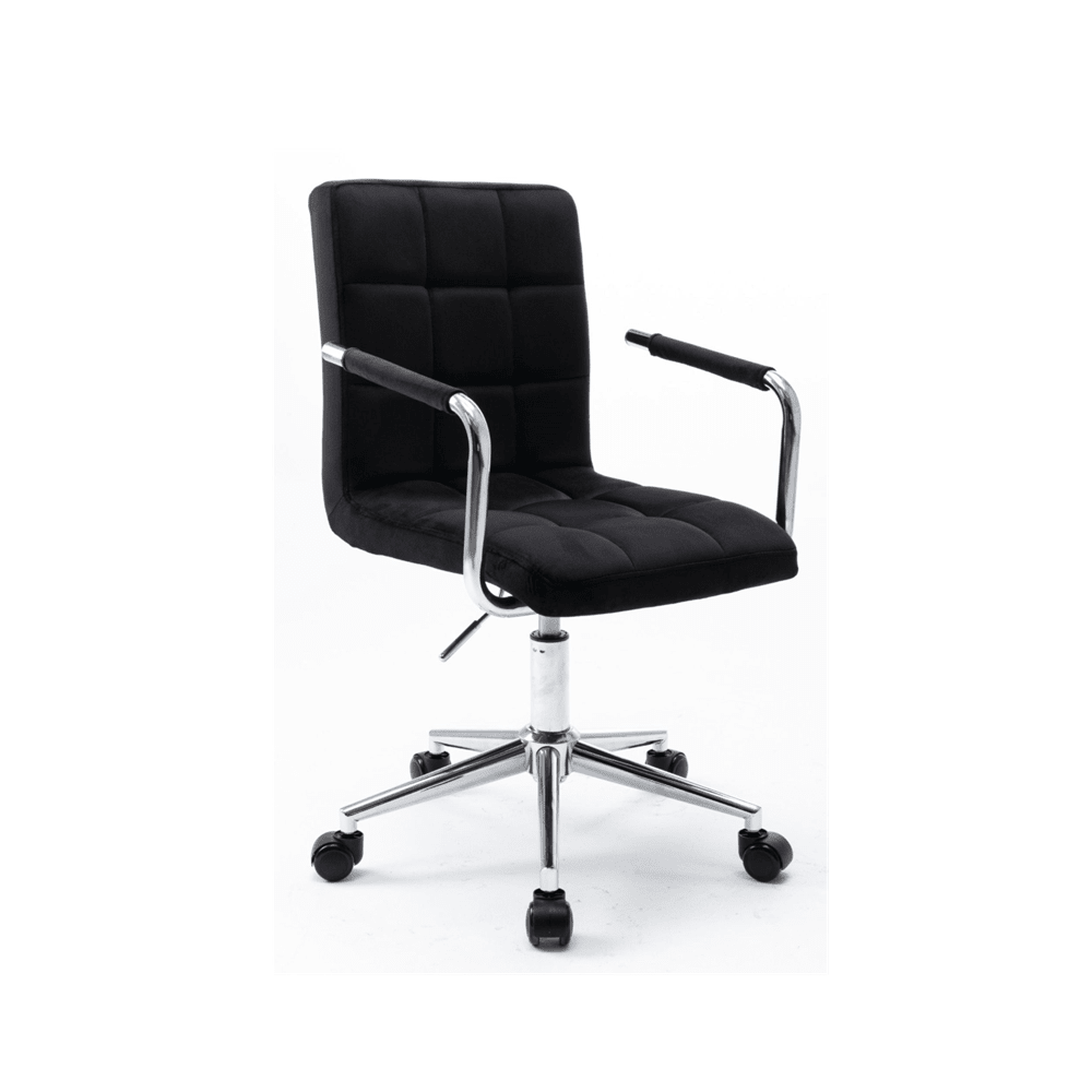 Scaun de birou rotativ, catifea neagra, reglabil pe inaltime, cu cotiere si roti, baza cromata - Reelken