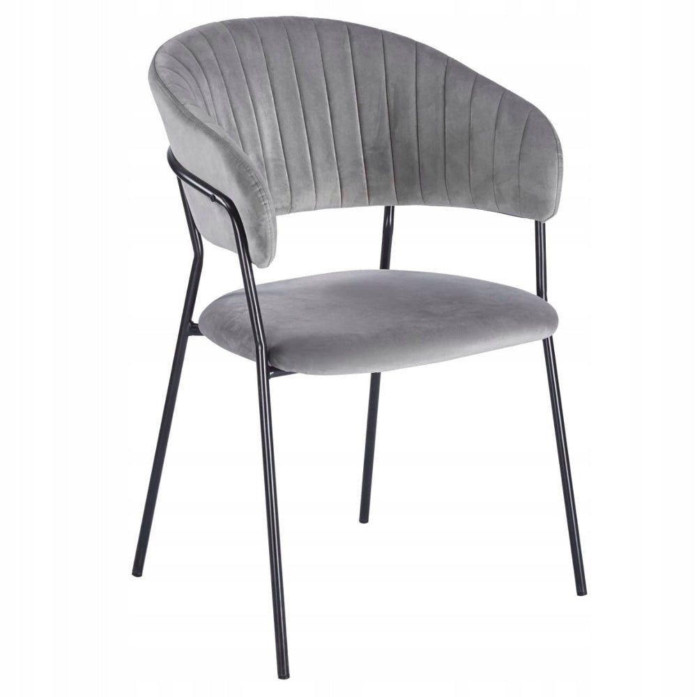 Scaun dining glamour, catifea velur gri, picioare metalice negre, stil Art Deco, cusaturi decorative - Reelken