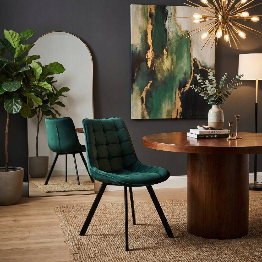 Scaun tapitat din catifea, culoare verde, picioare metalice negre, stil loft, pentru living si dining, 84 cm - Reelken Polska