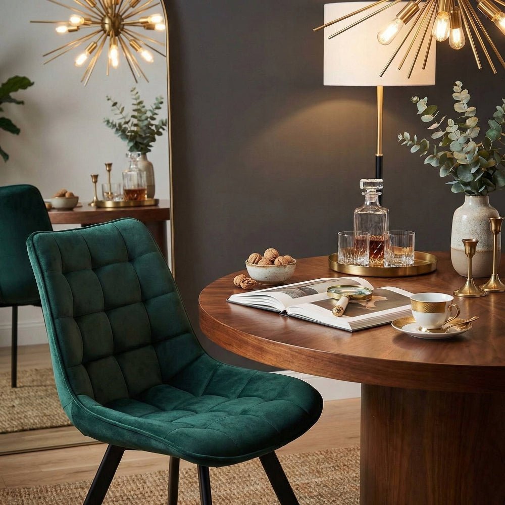 Scaun tapitat din catifea, culoare verde, picioare metalice negre, stil loft, pentru living si dining, 84 cm - Reelken Polska
