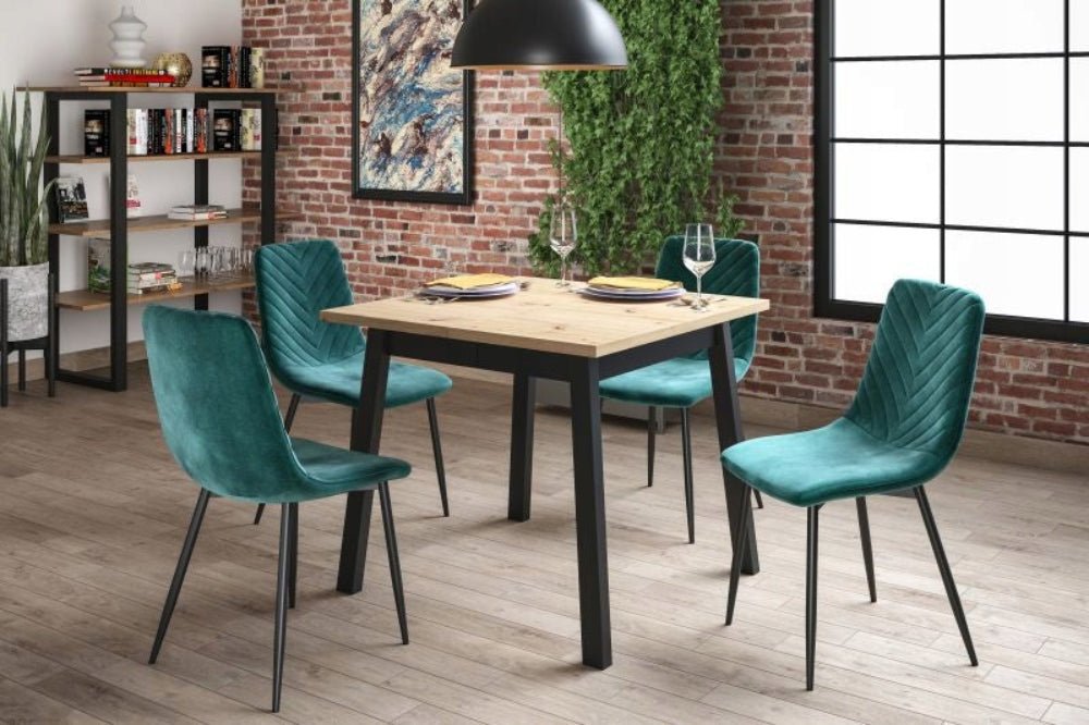 Scaun tapitat din catifea verde, spatar matlasat, picioare metalice negre, pentru dining/birou, 87 cm - Reelken
