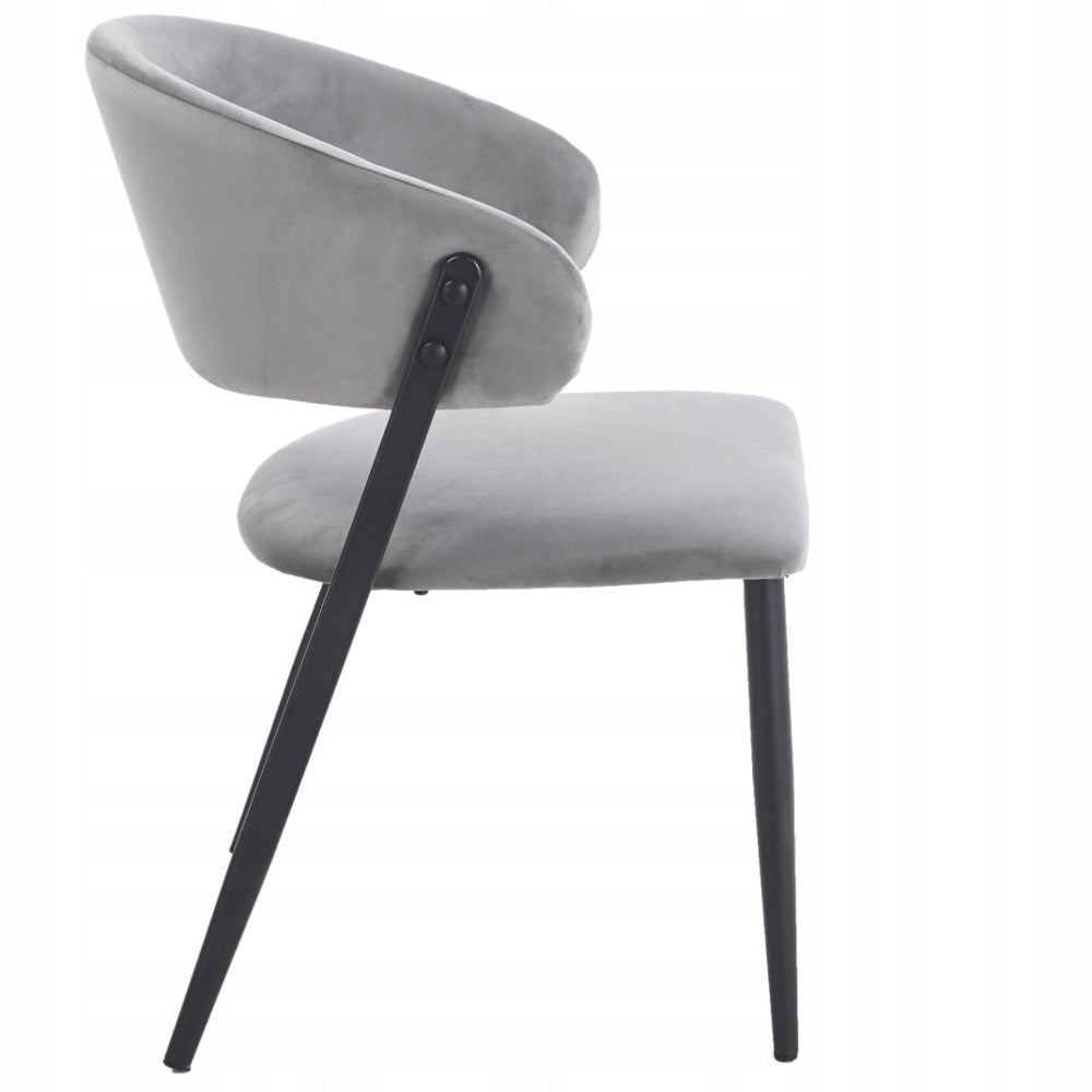 Scaun tapitat, velvet gri, spatar rotunjit tip cuva, picioare metalice negre mate, pentru living si dining 49x56x78 cm - Reelken