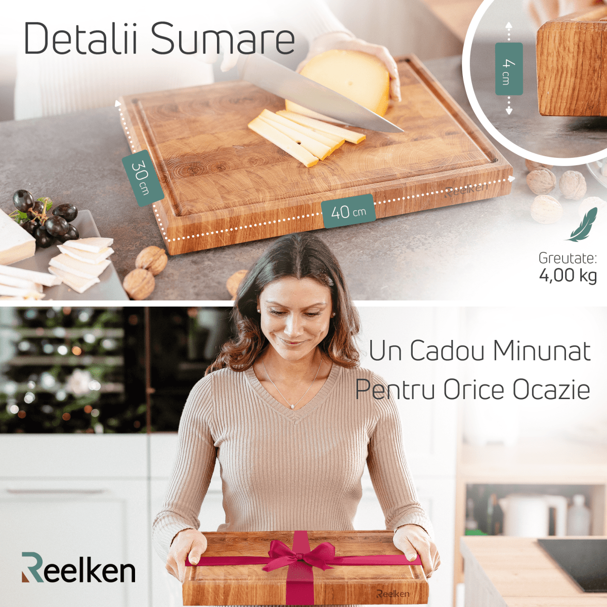 Tocator profesional 30x40x4 cm – lemn stejar - Reelken